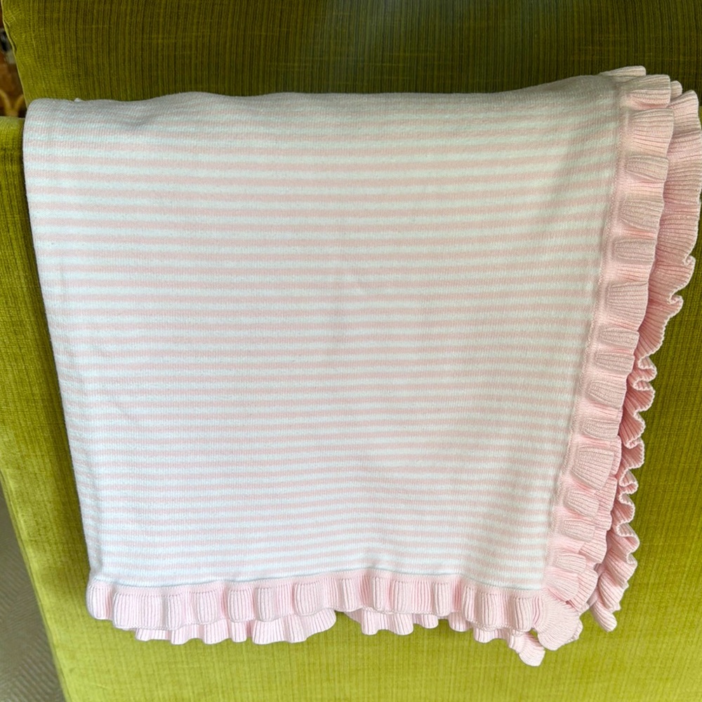 Elegant Baby - Pink and White Striped Baby Blanket w/ Ruffle Edges - 30” x 40”